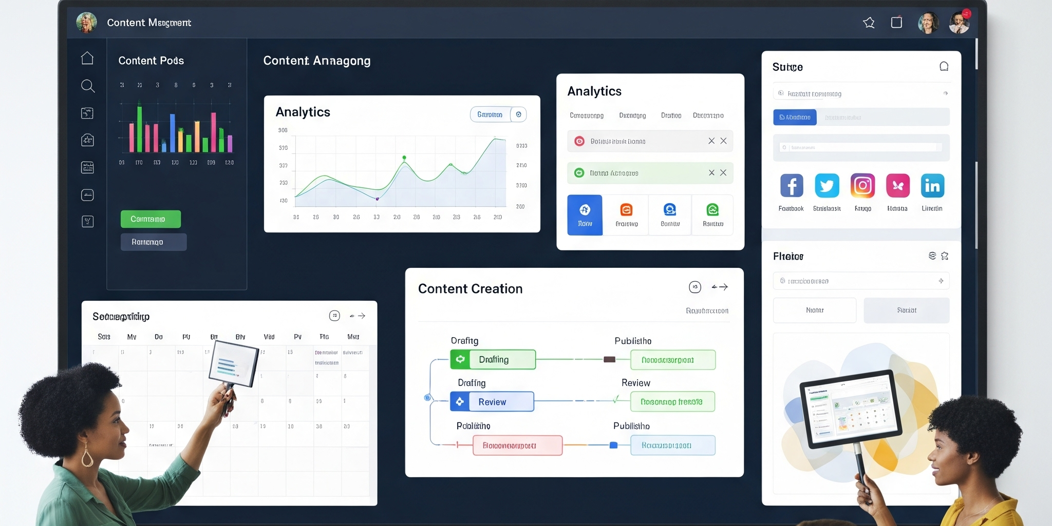 A person creating and scheduling content on a laptop