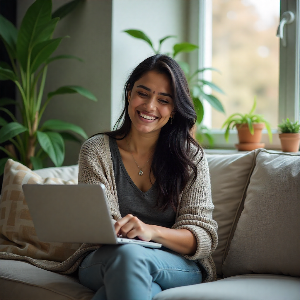 A person smiling while on a video call on a laptop, representing a happy client testimonial